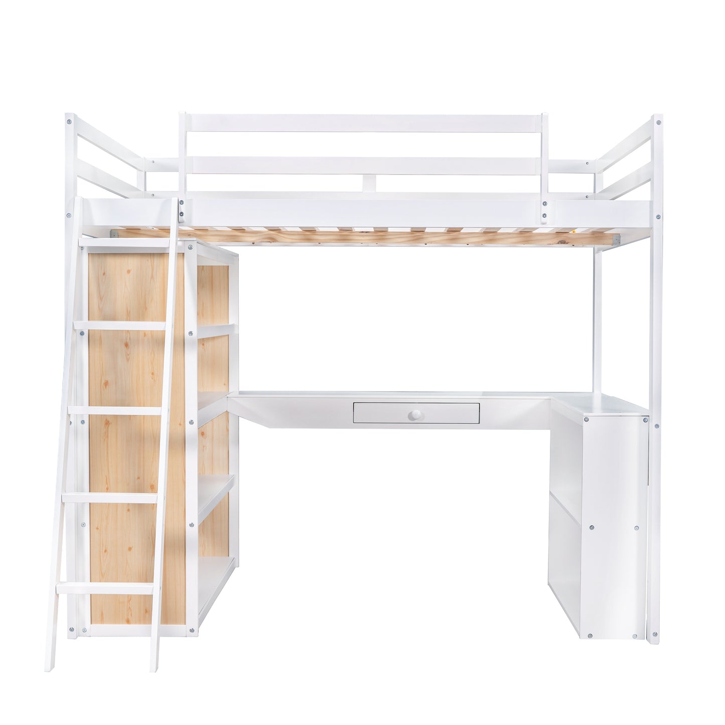 Full Size Loft Bed with Ladder, Shelves, and Desk, White(OLD SKU:LT000226AAK)