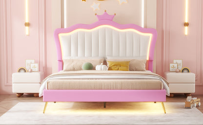 Full Size Upholstered Bed Frame with LED Lights, Modern Upholstered Princess Bed with Crown Headboard, Pink+White