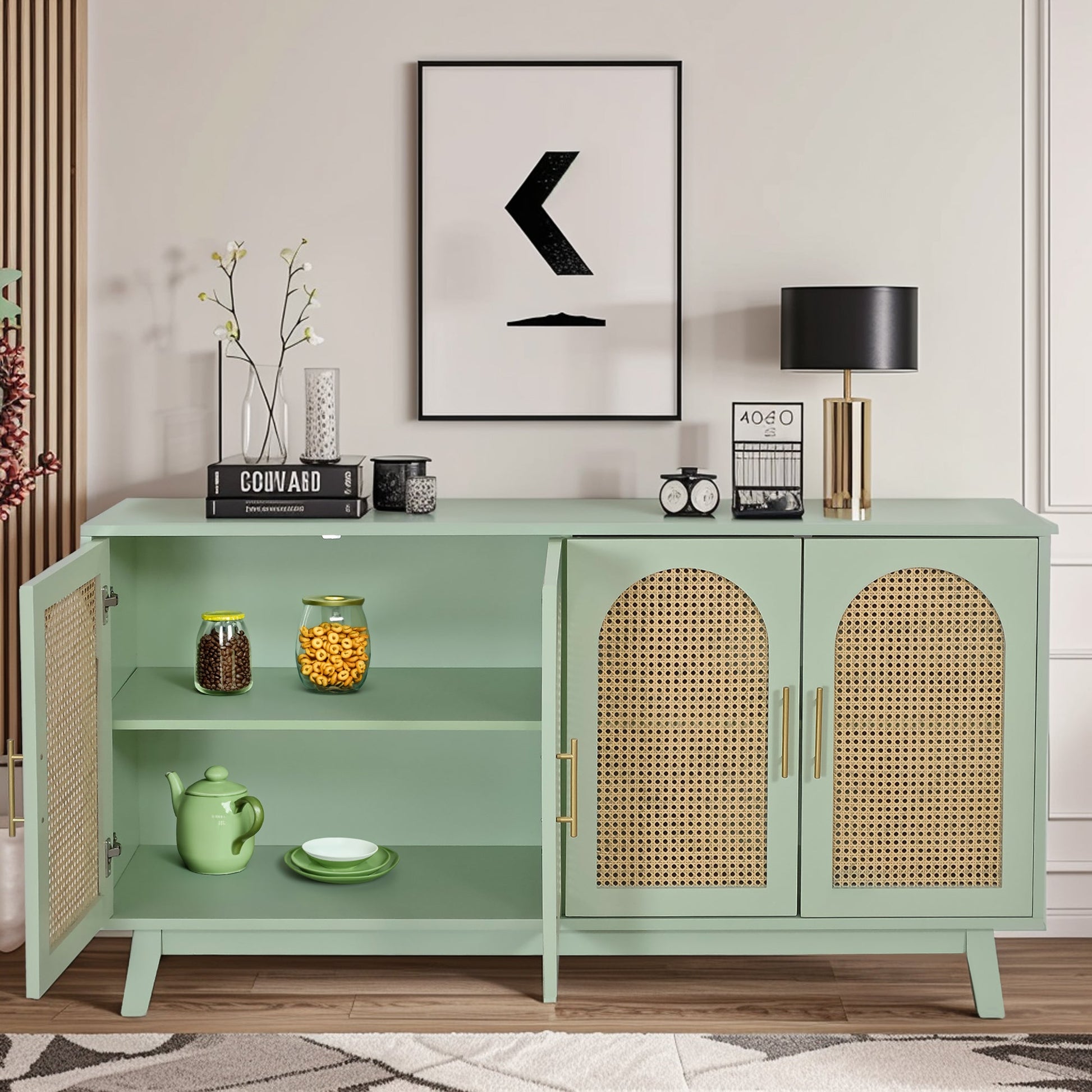 59.84"Modern 4-Door Cabinet with Rattan Decorative Doors,for Bedroom,Living Room,Office,Easy Assembly, Mint Green - Groovy Boardz