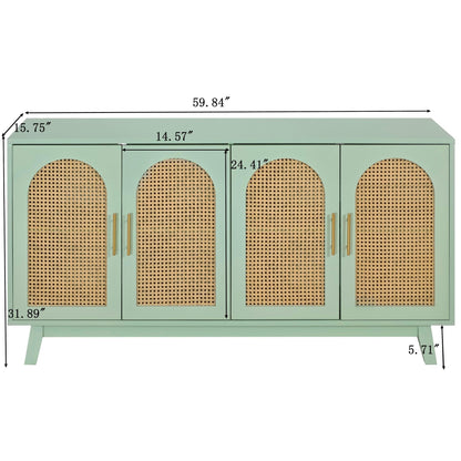 59.84"Modern 4-Door Cabinet with Rattan Decorative Doors,for Bedroom,Living Room,Office,Easy Assembly, Mint Green - Groovy Boardz