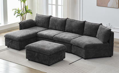 146.9" L-shaped Sofa Sectional Sofa Couch Pull-out Sofa Bed with a Movable Storage Ottoman, a Storage Chaise Lounge and Two USB Ports for Living Room, Grey