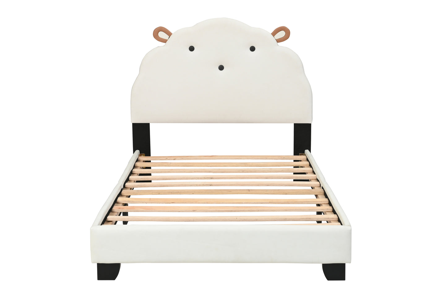 Upholstered Twin Size Platform Bed for Kids, with Slatted Bed Base, No Box Spring Needed, White color, Sheep Design