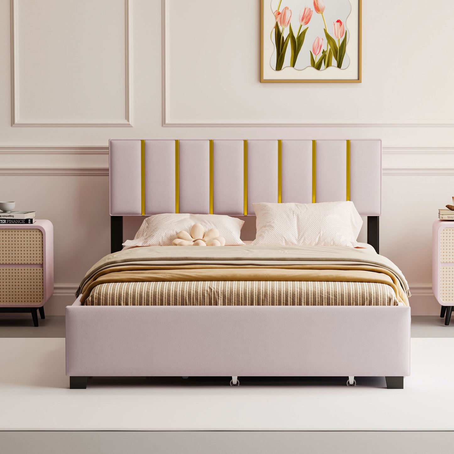 Queen Size Upholstered Platform Bed with 2 Drawers and 1  Trundle, Classic Metal Strip Headboard Design, Pink