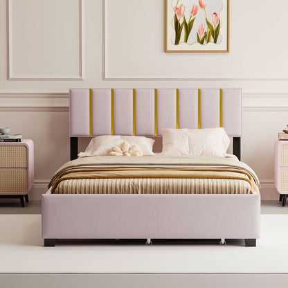 Queen Size Upholstered Platform Bed with 2 Drawers and 1  Trundle, Classic Metal Strip Headboard Design, Pink