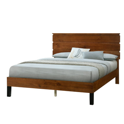 Mid-Century Modern Solid Wood Bed Frame Queen Size Platform Bed with Three-Piece Headboard Design, No Box Spring Needed, Brown