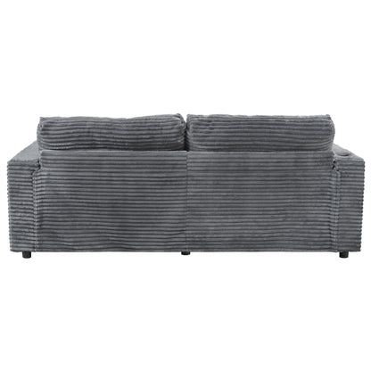 86.5" Oversized Loveseat Chaise Lounge Sectional Sofa Bed Corduroy Sleeper Sofa with Two USB Ports , Two Cup Holders and Two Throw Pillows for Living Room and Bedroom, Dark Gray