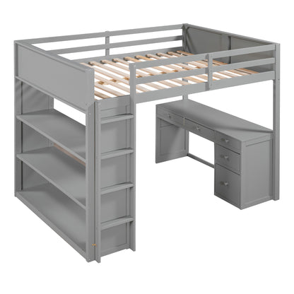 Full Size Loft Bed with Ladder, Shelves, and Desk, Gray