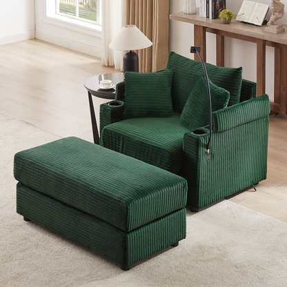 41.7" Modern Style Single Sofa Sofa Couch with Storage Space, A Movable Ottoman, Two USB Ports, Two Cup Holders, A Phone Holder for Living Room, Green