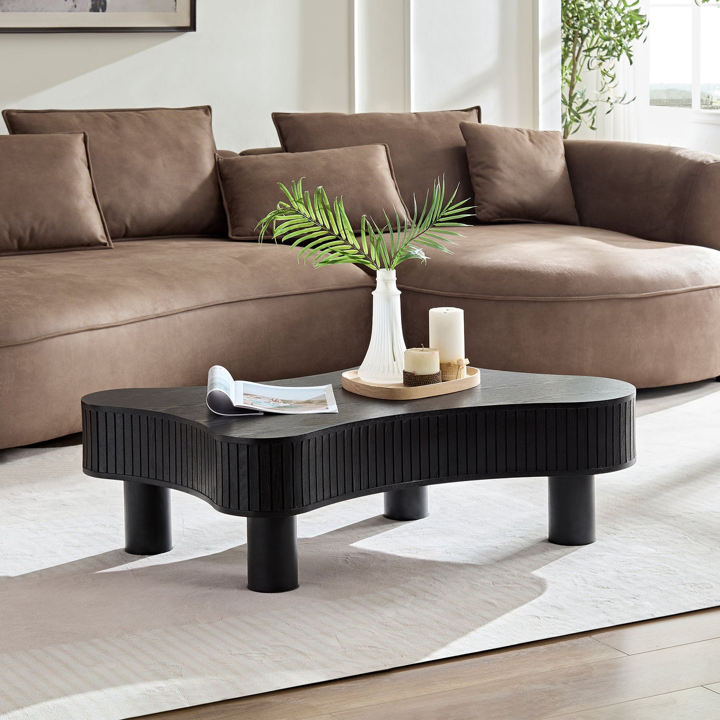 42.52 Inch Modern Wooden Handcraft Drum Coffee Table Irregular Shaped Coffee Table for Living Room,Small Coffee Table with Sturdy Pedestal,Black