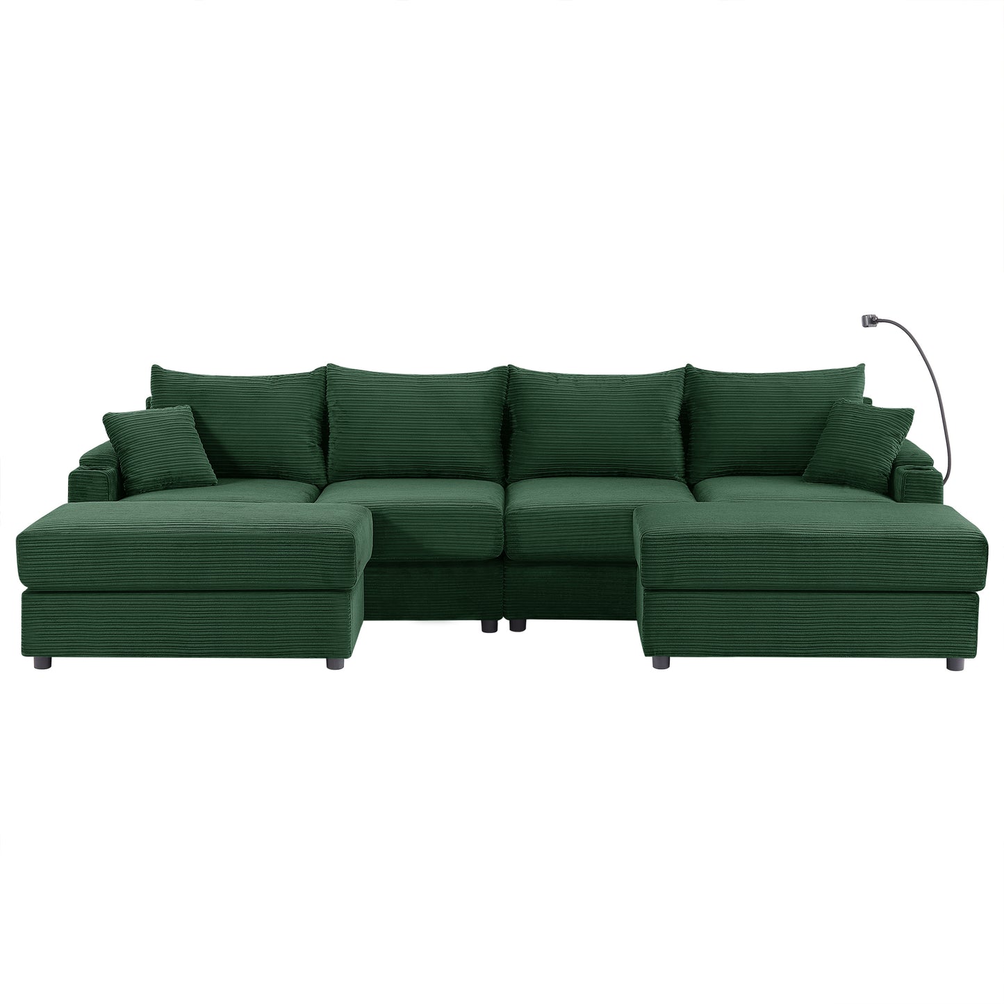 123.2" Modern Style 4-seater Sofa Sectional Sofa Couch with Storage Space, Two Movable Ottomans, Two USB Ports, Two Cup Holders, A Phone Holder for Living Room, Green