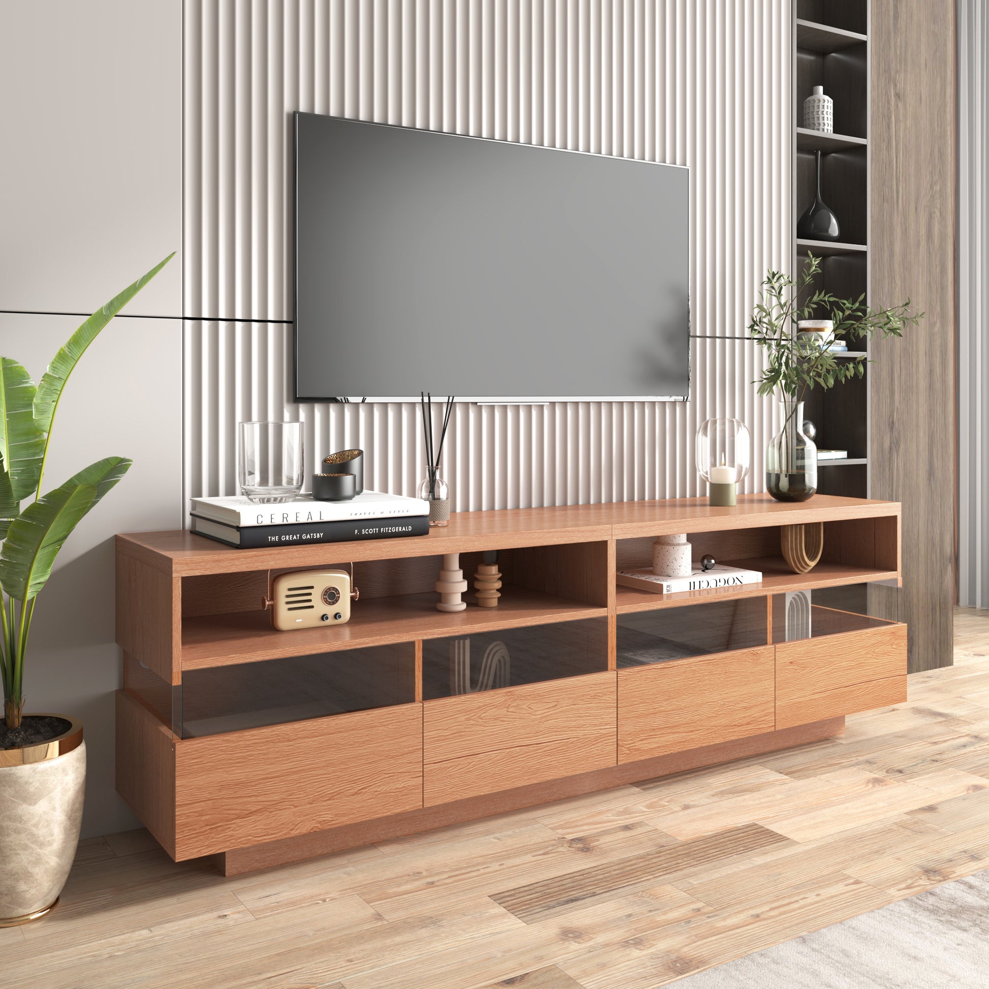 Modern TV with 4 Drawers& 2 open Cabinets, Media Console Table for TVs up to 75'', Entertainment Center with Acrylic transparent Storage Space for Living Room, Bedroom, Home Theatre