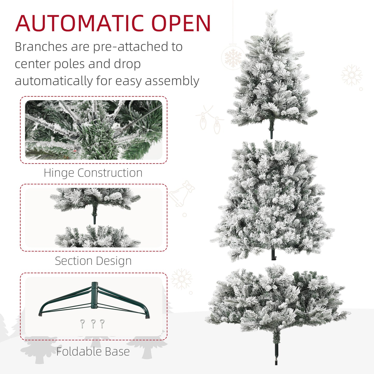 HOMCOM 7.5 ft Pre-Lit Artificial Christmas Tree with 500 Clear Lights and 1530 Tips, Snow Flocked Christmas Tree with Metal Stand, Hinged Xmas Tree for Home Office Holiday, Green