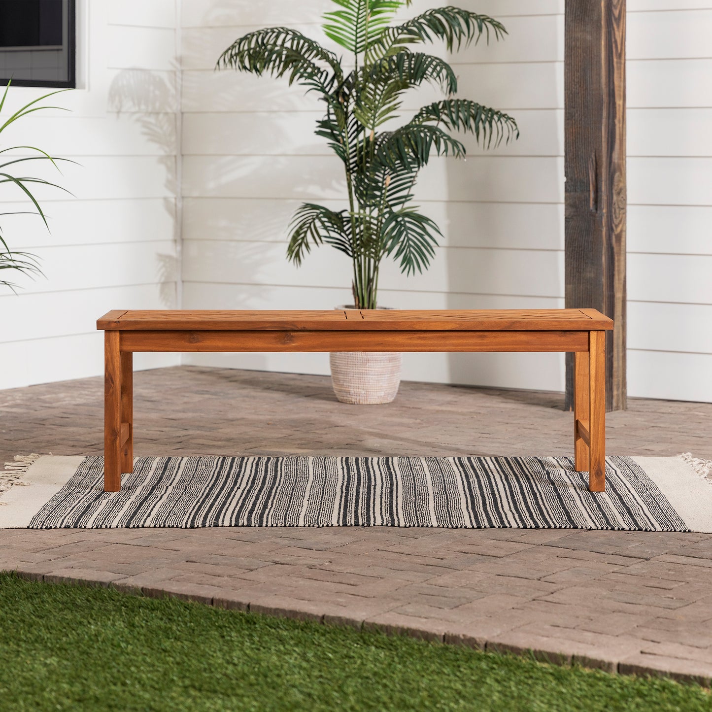 Modern Chevron-Top Solid Wood Patio Bench - Brown