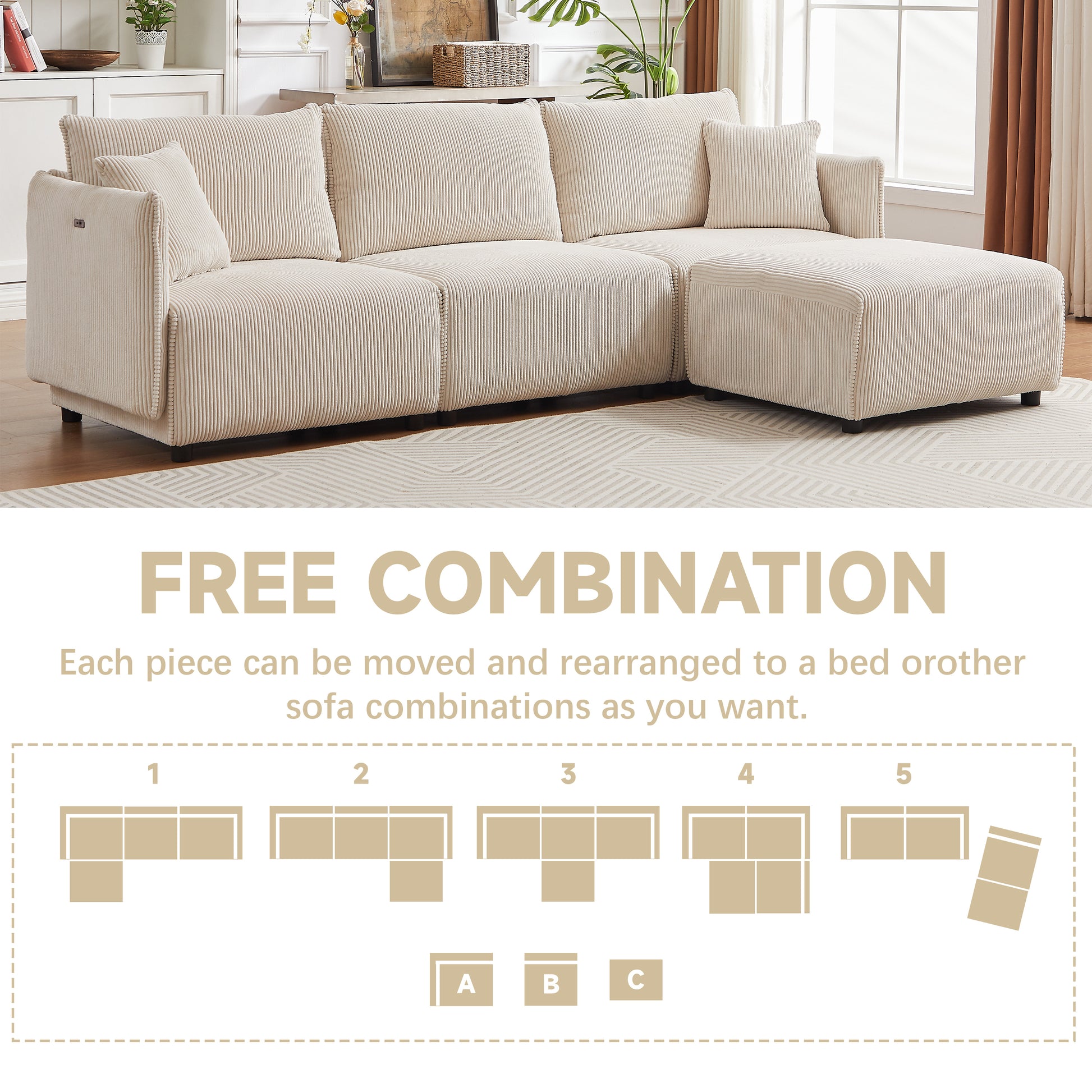 106" Multi-Module Combination Style Sofa for Living Room, Bedroom and Other Lounge Spaces, Modern Minimalist Corduroy Combination Sofa with 2 Comfort Cushions with USB & C Charging Ports,beige