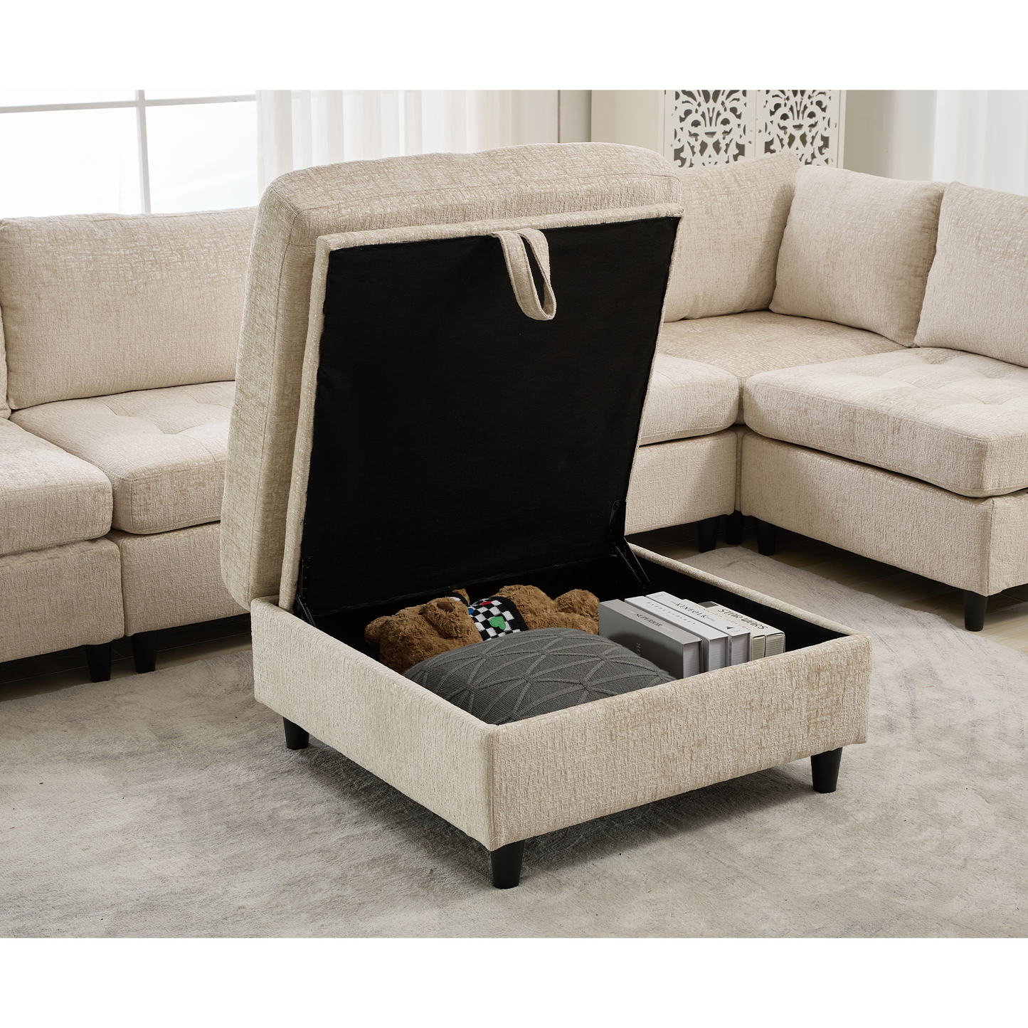 [NEW ARRIVED] [VIDEO PROVIDED]   Modular Sectional Couch with Storage Ottoman, U Shaped Sofa, Storage Ottoman,Minimalist ,Convertible Modular Sofa,Chenille ,Upholstered,6 Seat,Living Room,  Beige