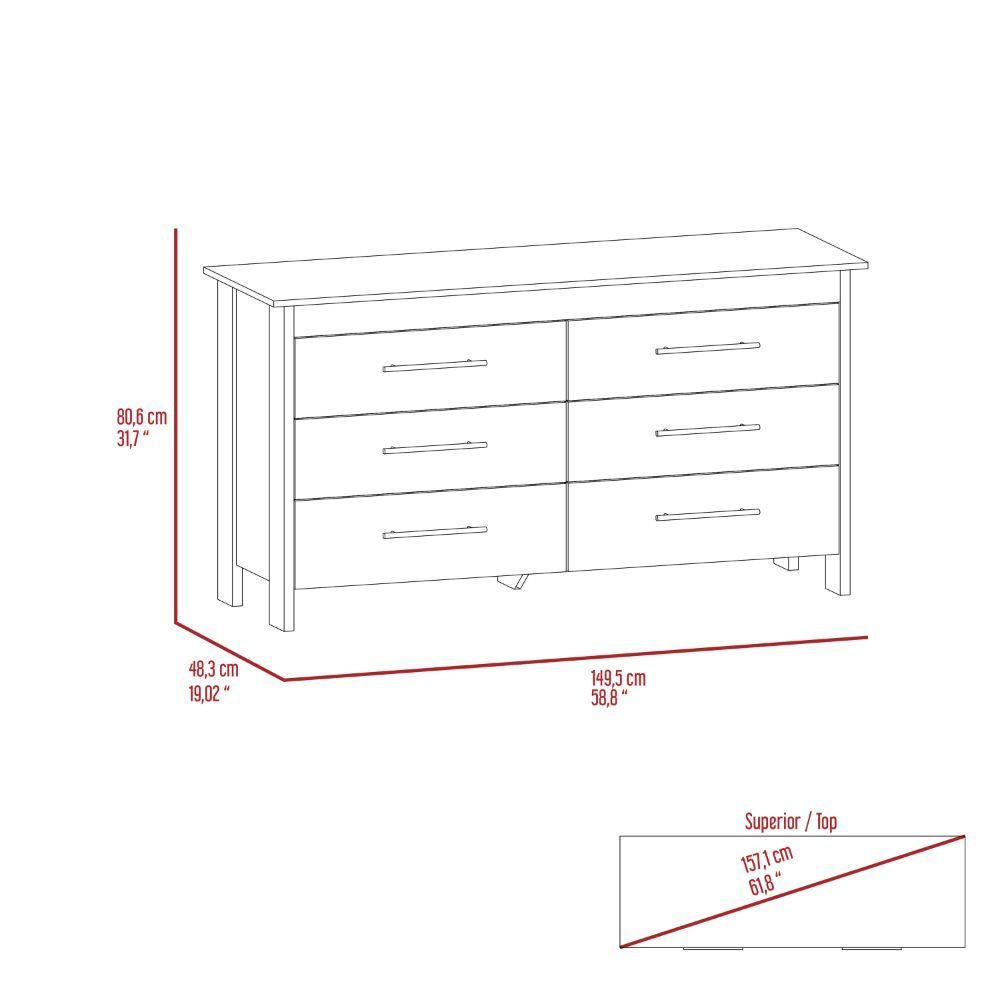 Hms 6 Drawer Double Dresser, Four Legs, Superior Top -Light Oak / White