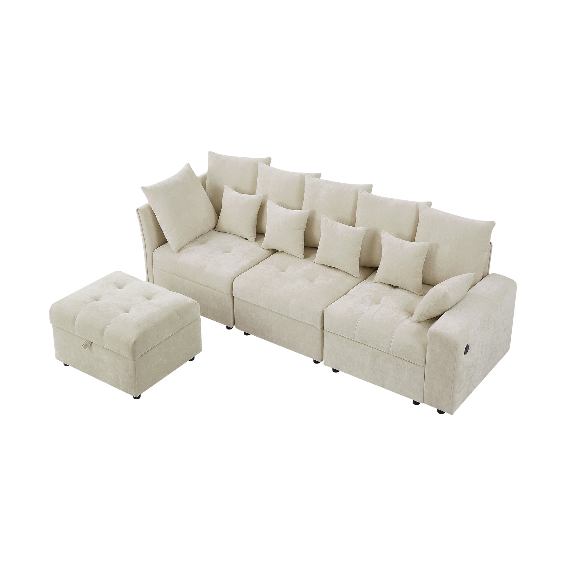 96.45"Sectional sofa Modular Sofa Couch with Three USB Ports, a Removable Storage Ottoman and Five Back Pillows for Living Room, Beige