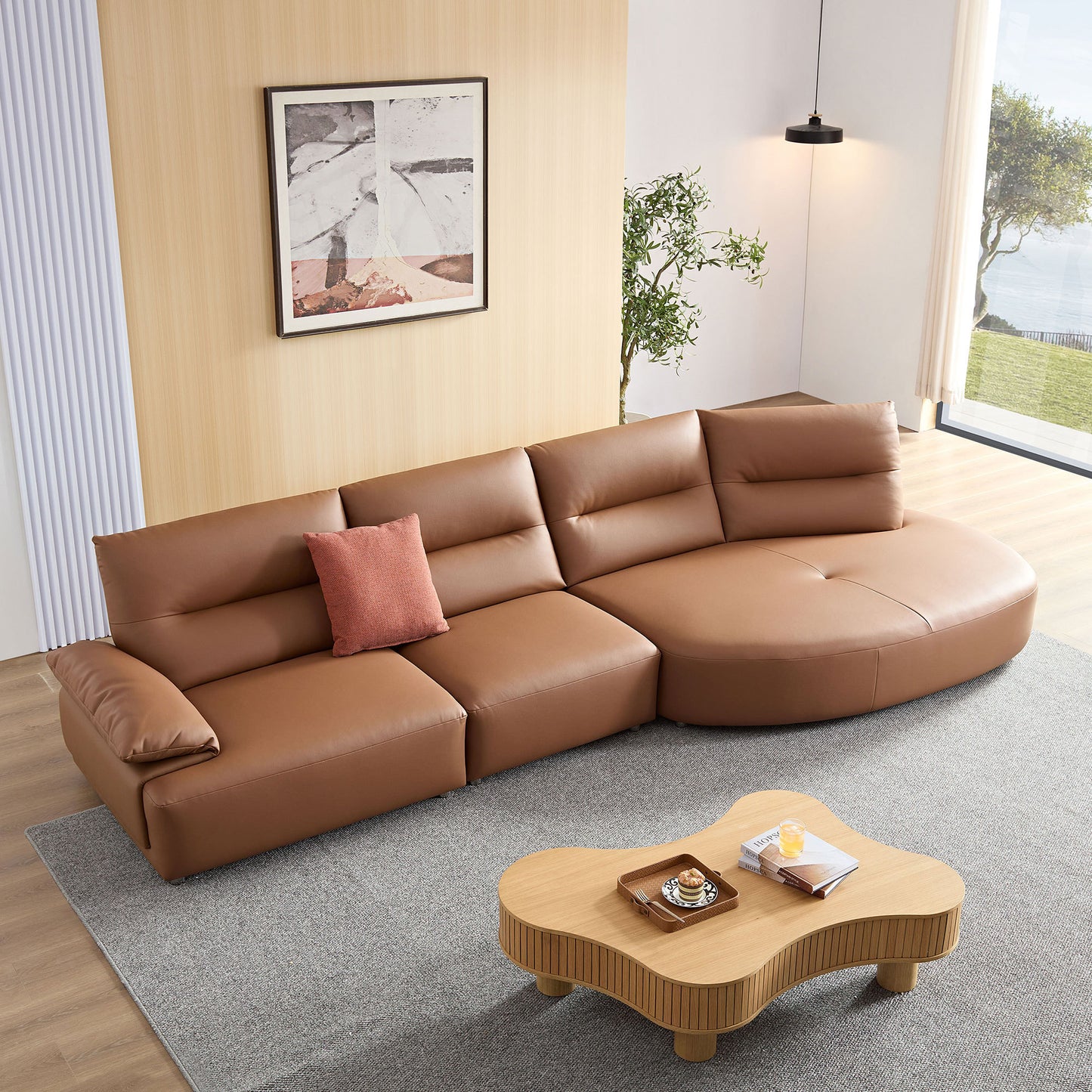 147.24'' Oversied Modern Sectional Curved Shaped Sofa Couch for Living Room,Upholstered 5-Seat Sofa Eco-leather Couch Set,Brown