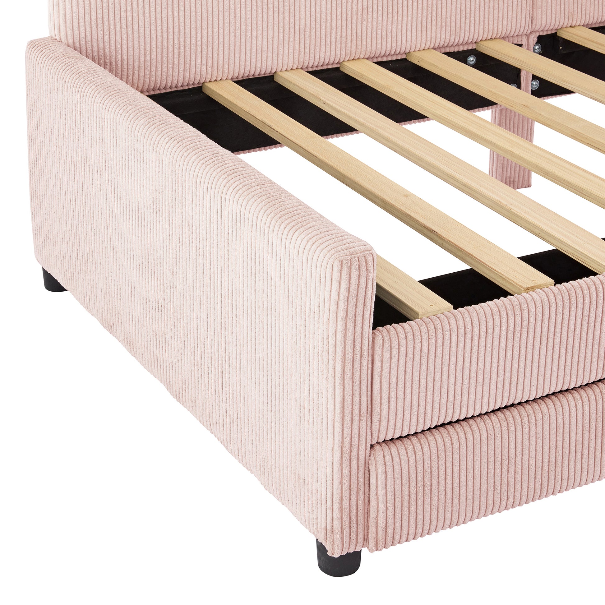 Twin Size L-Shaped Corduroy Daybed,Upholstered Bed Frame with 2 Storage Drawers,Pink