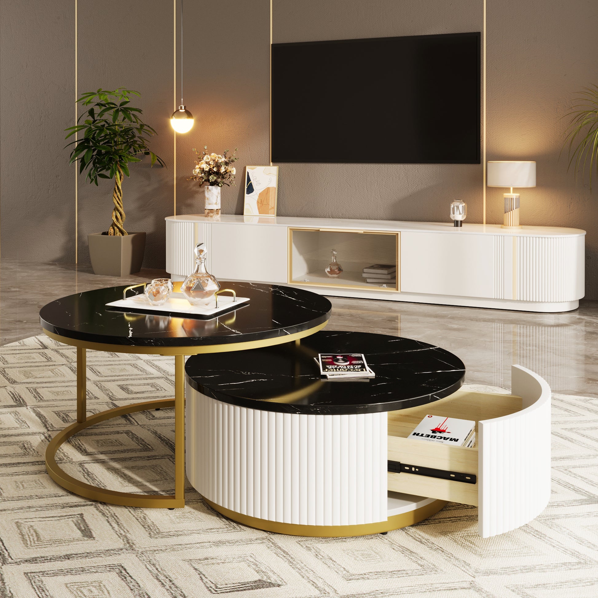 Modern Round Nesting Coffee Table Fluted with Drawer in Black & Gold in 31.5''