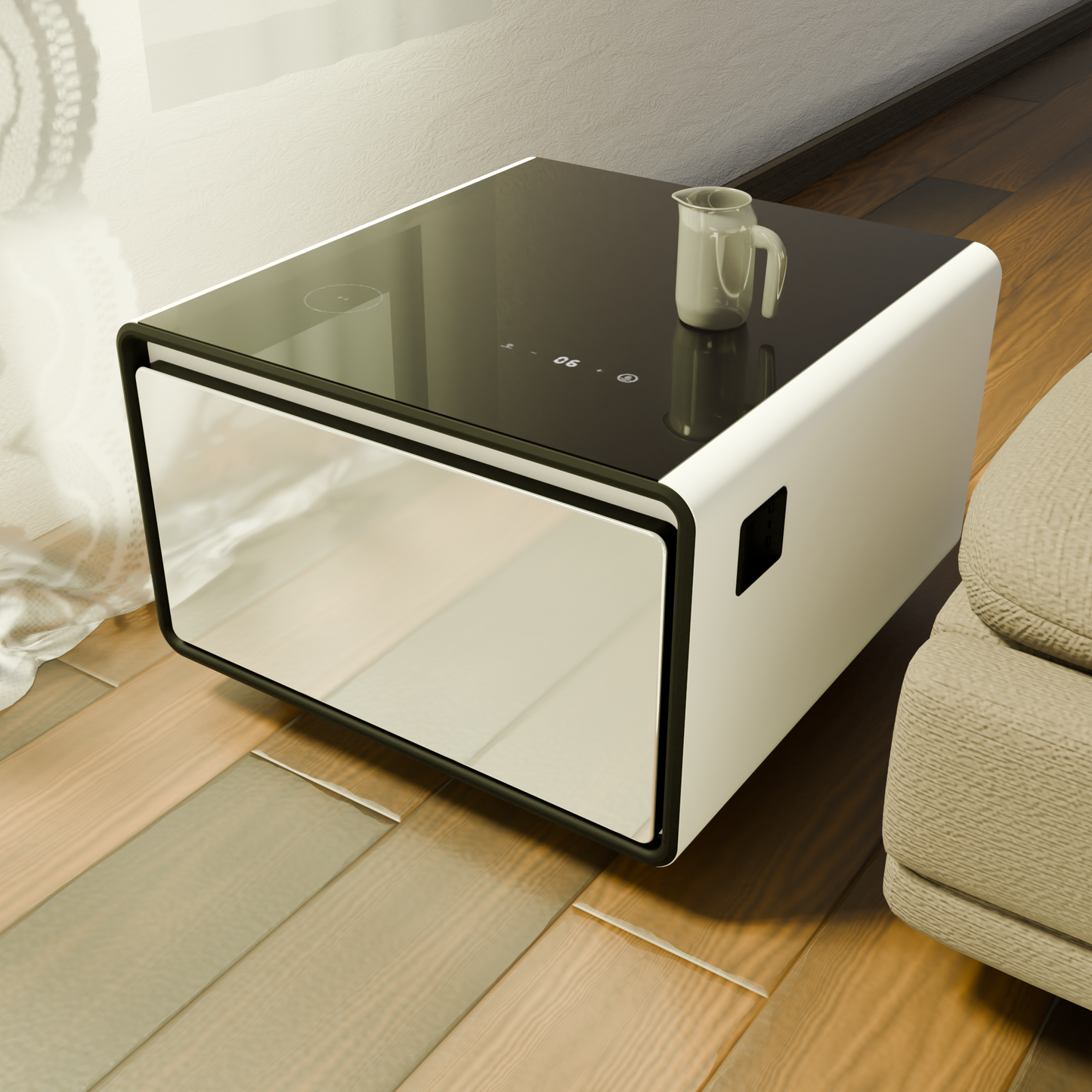 Modern Smart Side Table with Built-in Fridge, Wireless Charging, Temperature Control, Power Socket, USB Ports, Outlet Protection, Induction Light, White