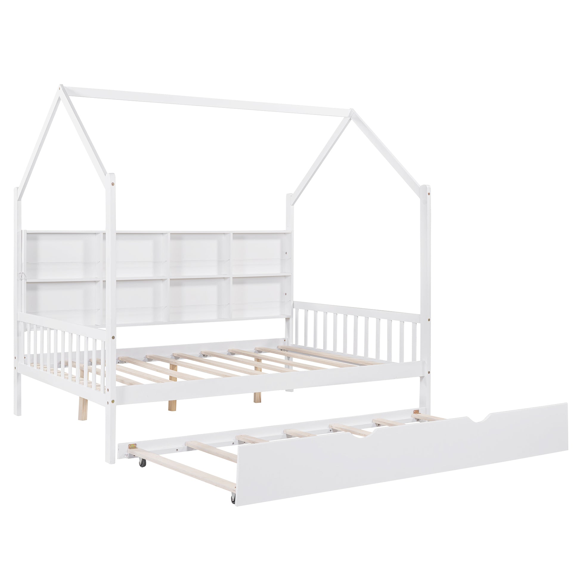 Wooden Full Size House Bed with Trundle,Kids Bed with Shelf, White