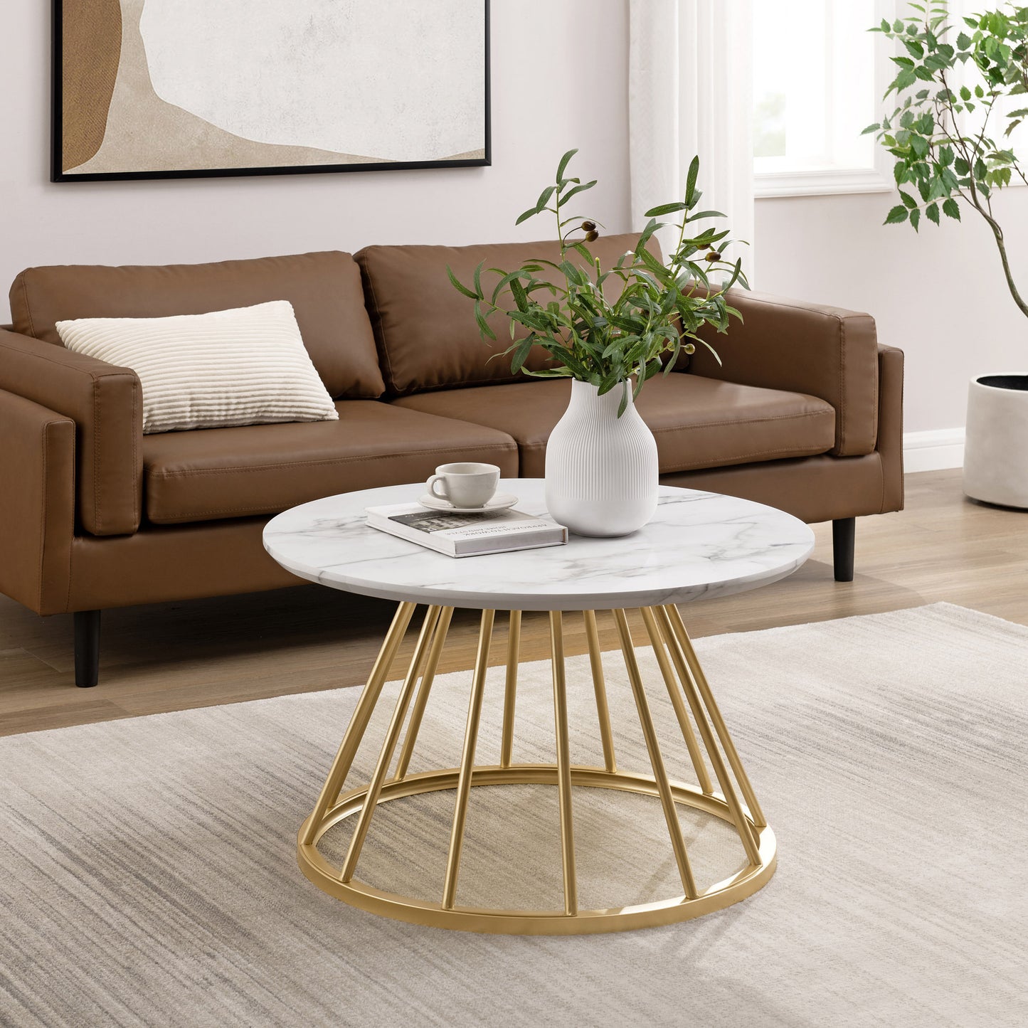 Modern Round Coffee Table with Metal Base – White Marble / Gold