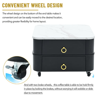 ON-TREND 2-in-1 Square Nesting Coffee Table with Wheels & Drawers, Stackable Side Table with High Gloss Marble Grain Top, End Table Set with Brown Tempered Glass for Living Room, Black