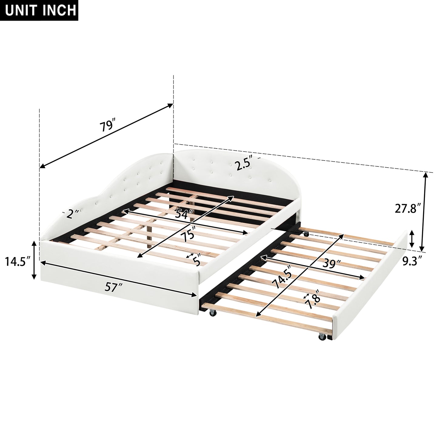 Full Size PU Upholstered Tufted Daybed with Trundle and Cloud Shaped Guardrail, White