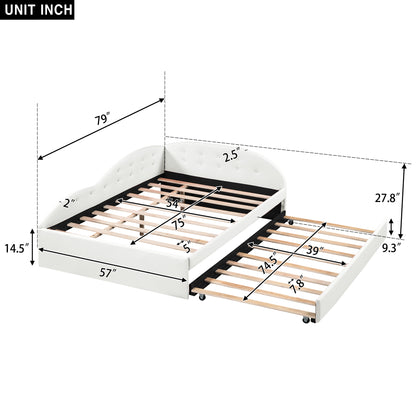 Full Size PU Upholstered Tufted Daybed with Trundle and Cloud Shaped Guardrail, White