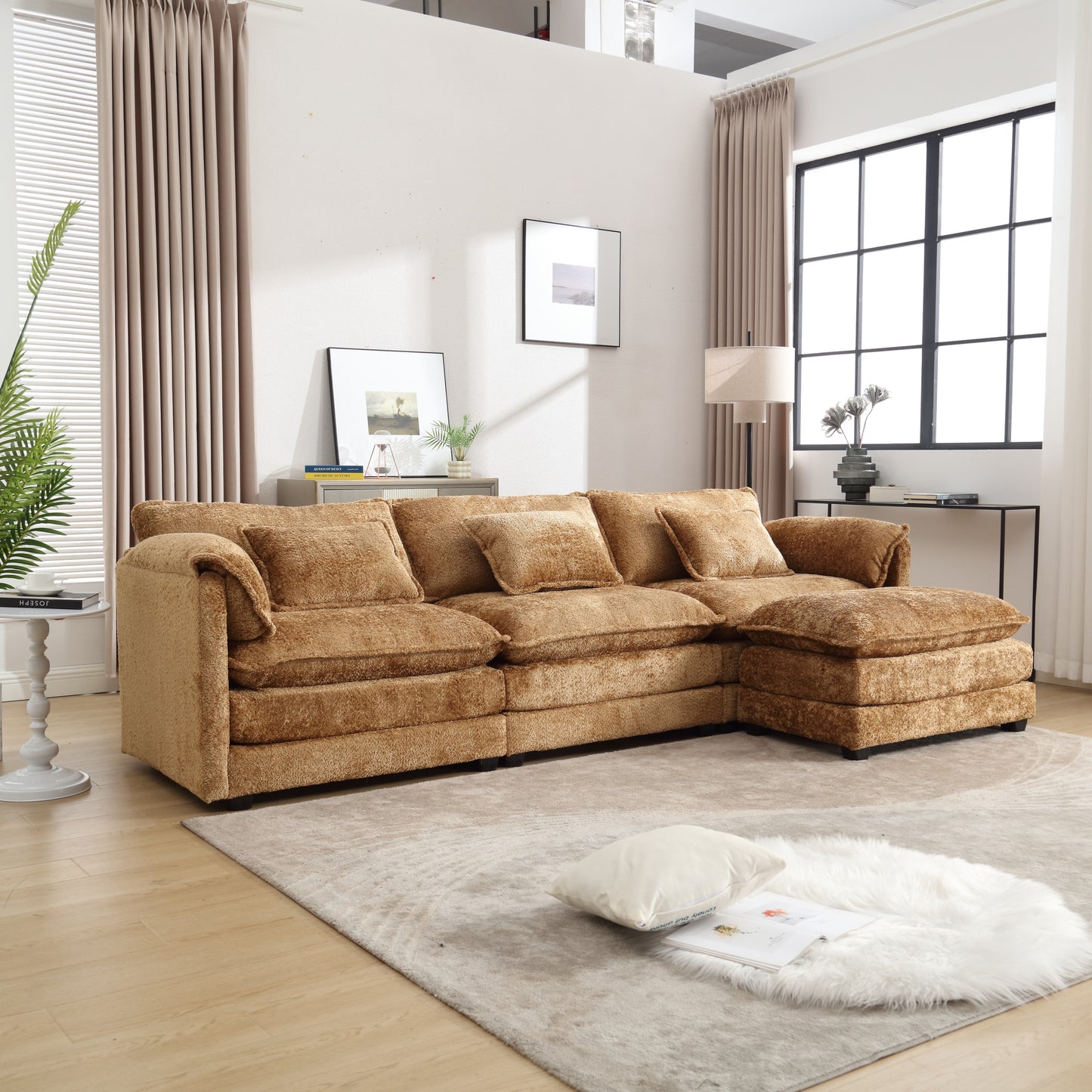 Modern Large boucle Fabric L-Shape Sectional Chenille fabric, movable pedals, detachable armrests, oversized three-seat Sofa