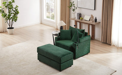 41.7" Modern Style Single Sofa Sofa Couch with Storage Space, A Movable Ottoman, Two USB Ports, Two Cup Holders, A Phone Holder for Living Room, Green