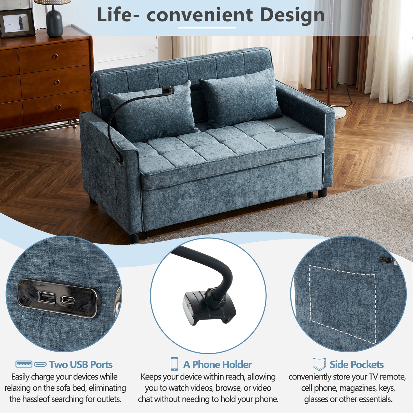 56.9" Loveseat Sofa Pull-out Sofa Bed Sleeper Sofa with a Reversible Backrest Cushion, Side Pockets, Two USB Ports and a Phone Holder for Living Room, Blue