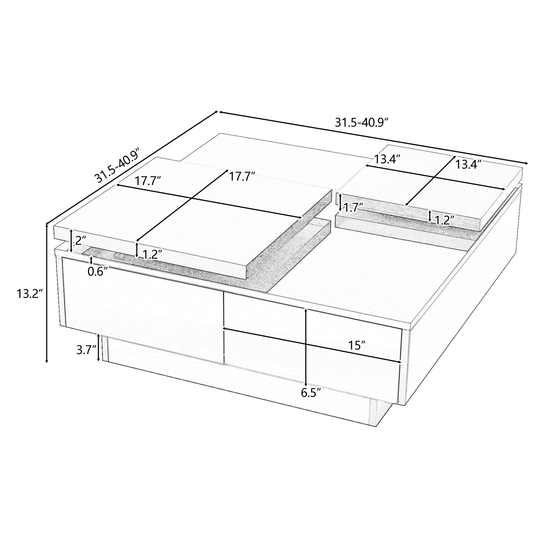 U-Can Movable Top Coffee Table, Modern Square Wood Coffee Table with High Gloss finish, 4 Hidden Storage Drawers for Living Room