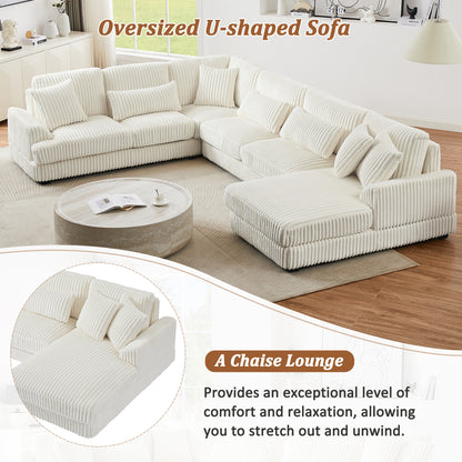 129" Oversized Sectional Sofa U-shaped Sofa Couch Modern Sofa Upholstered in Soft Corduroy with a Chaise Lounge for Living Room, Beige