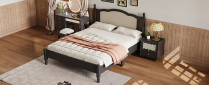 Queen Size Wooden Platform Bed with Natural Rattan Headboard, Vintage Bed Frame with Wooden Slat Support, Black