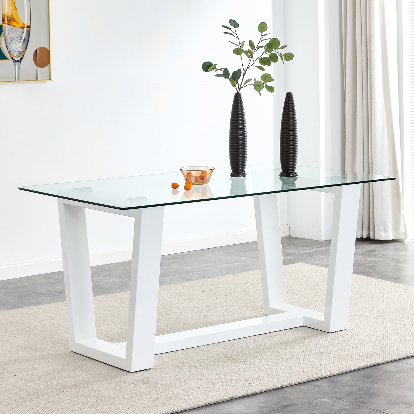 Glass Dining Table Large Modern Minimalist Rectangular for 6-8 with 0.4" Tempered Glass Tabletop and white MDF Trapezoid Bracket,For Kitchen Dining Living Meeting Room Banquet Hall F-1550 W1151S00323