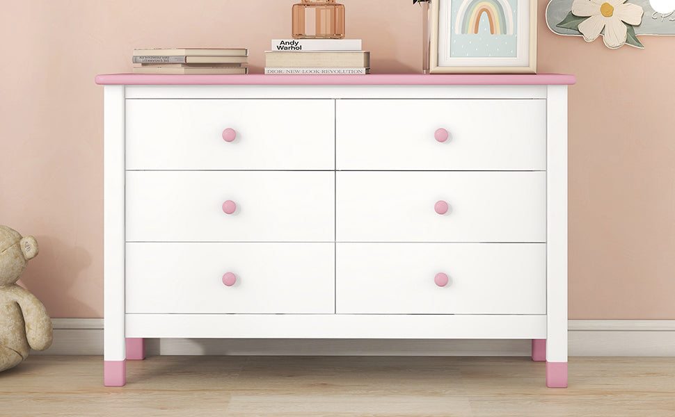 Wooden Storage Dresser with 6 Drawers,Storage Cabinet for kids Bedroom,White+Pink