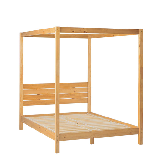 Modern Minimalist Boho Queen Canopy Bedframe – Natural Pine