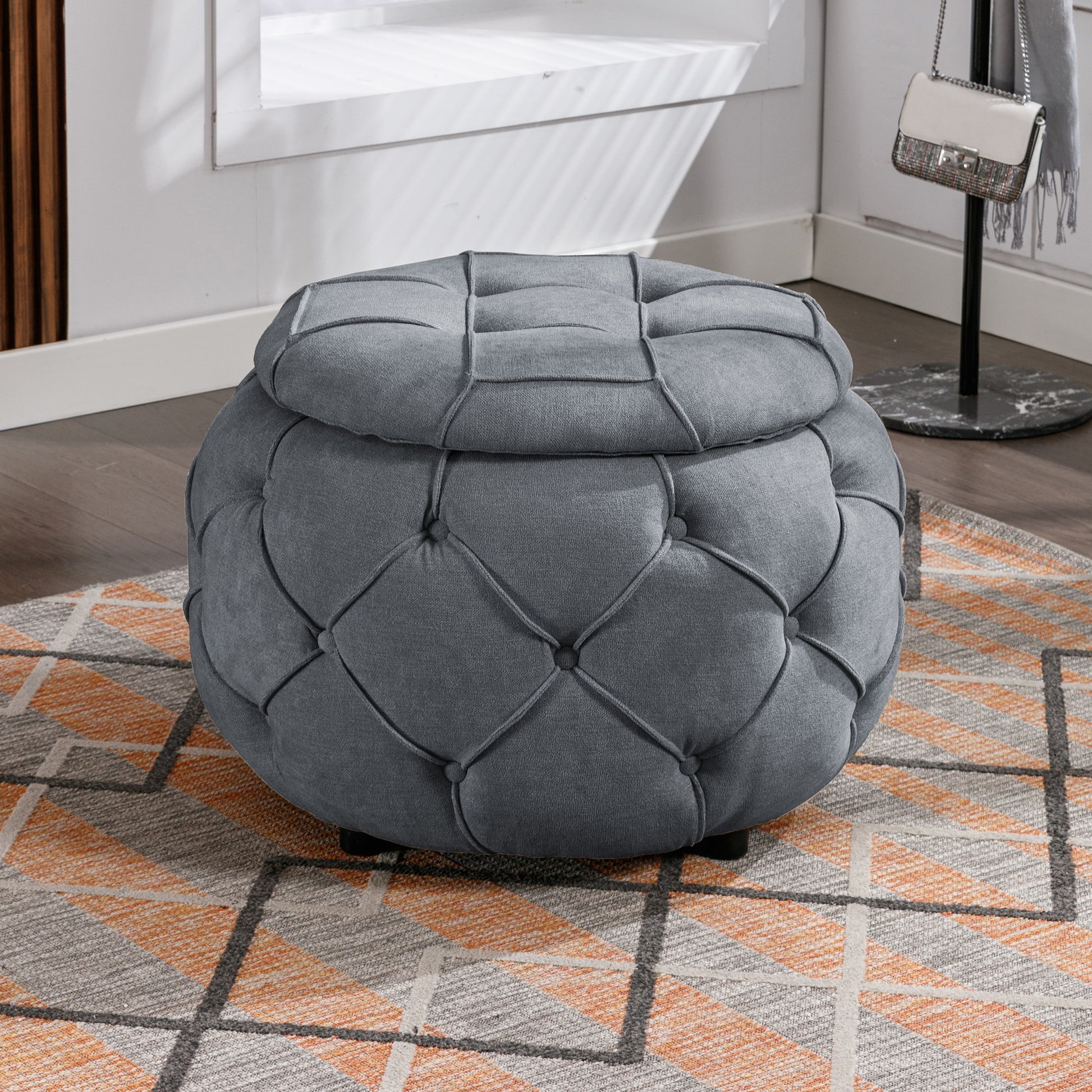 Large Button Tufted Woven Round Storage Ottoman  for Living Room & Bedroom,17.7"H Burlap Grey