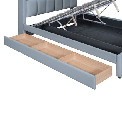 Queen Size & Twin XL Size Upholstered Platform Bed, Mother & Child Bed with Hydraulic Storage System, Drawer Box, Bedhead storage shelf and Two pairs of sockets & USB Ports, PU Leather, Gray