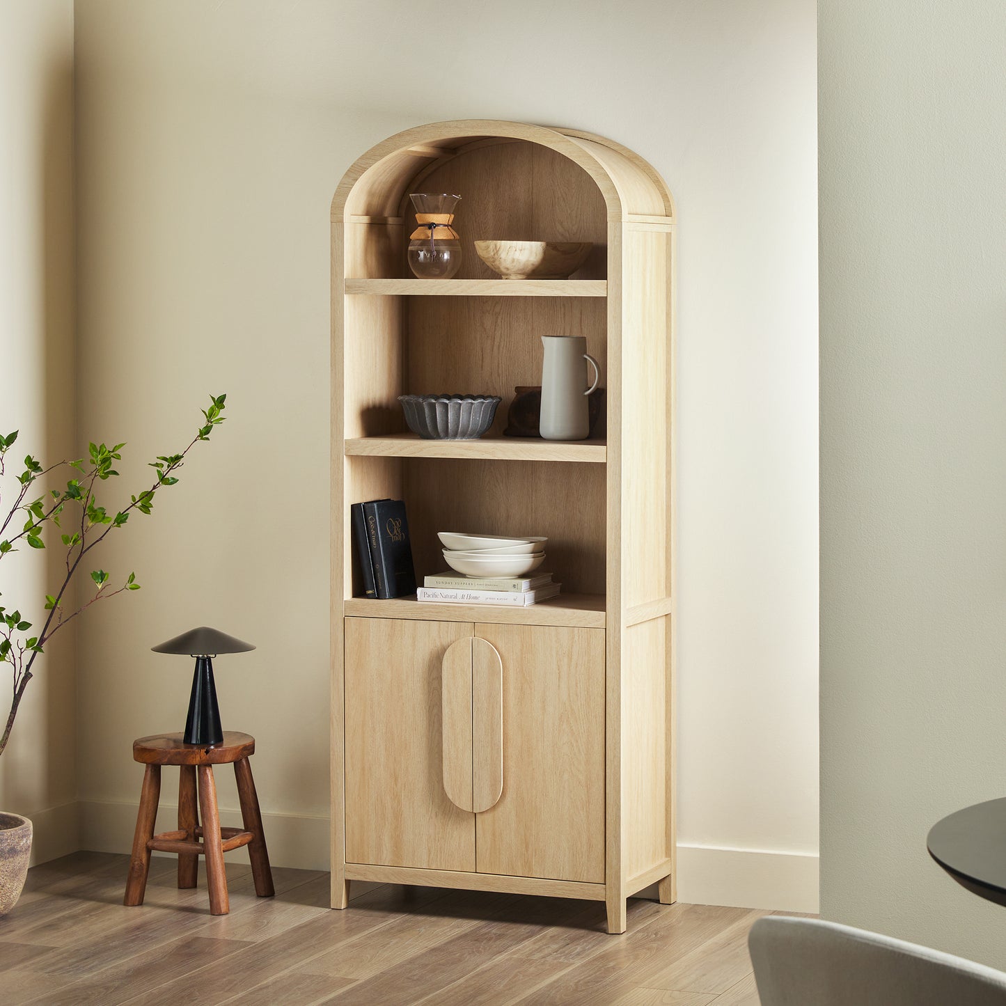 Modern 3 Shelf Open Arched Bookcase Cabinet Oak/Black