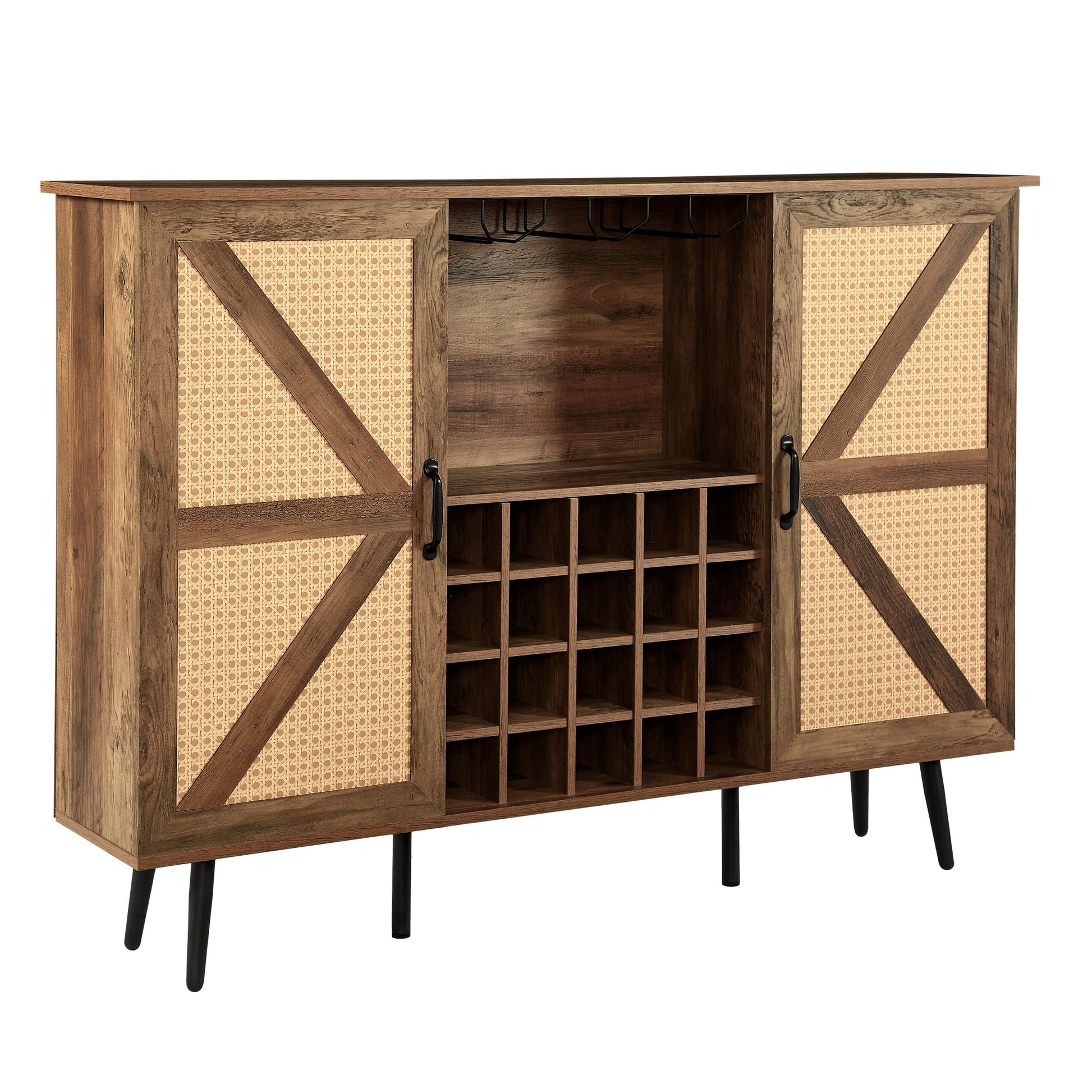 Oak Color Faux Rattan Barn Door Wine Cabinet with Wine Rack and Wine Glass Rack, Double Door Design with Removable Shelves, Rustic Wood Storage Cabinet