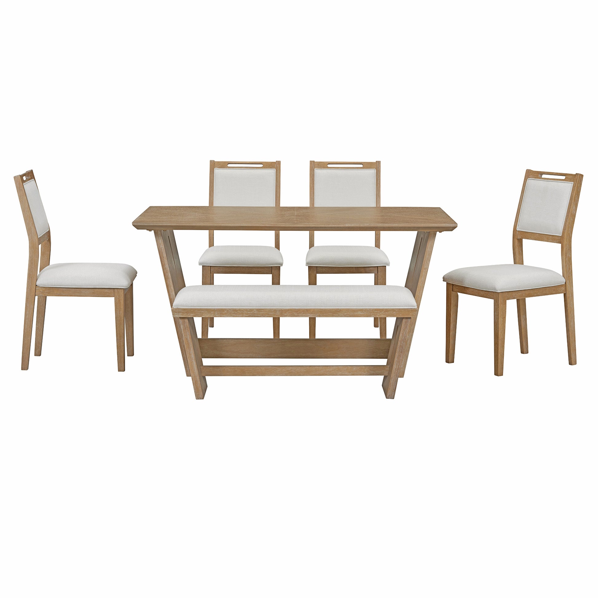 TREXM 6-Piece Modern Retro Dining Set, 1 Rectangular Table with Stable Trapezoidal Table Base and 4 Upholstered Chairs and 1 Bench for Dining Room and Kitchen (Natural Wood Wash)