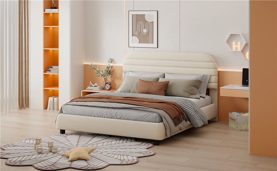 Queen Size Velvet Upholstered Platform Bed,Solid Frame and Stylish Curve-shaped Design, Beige