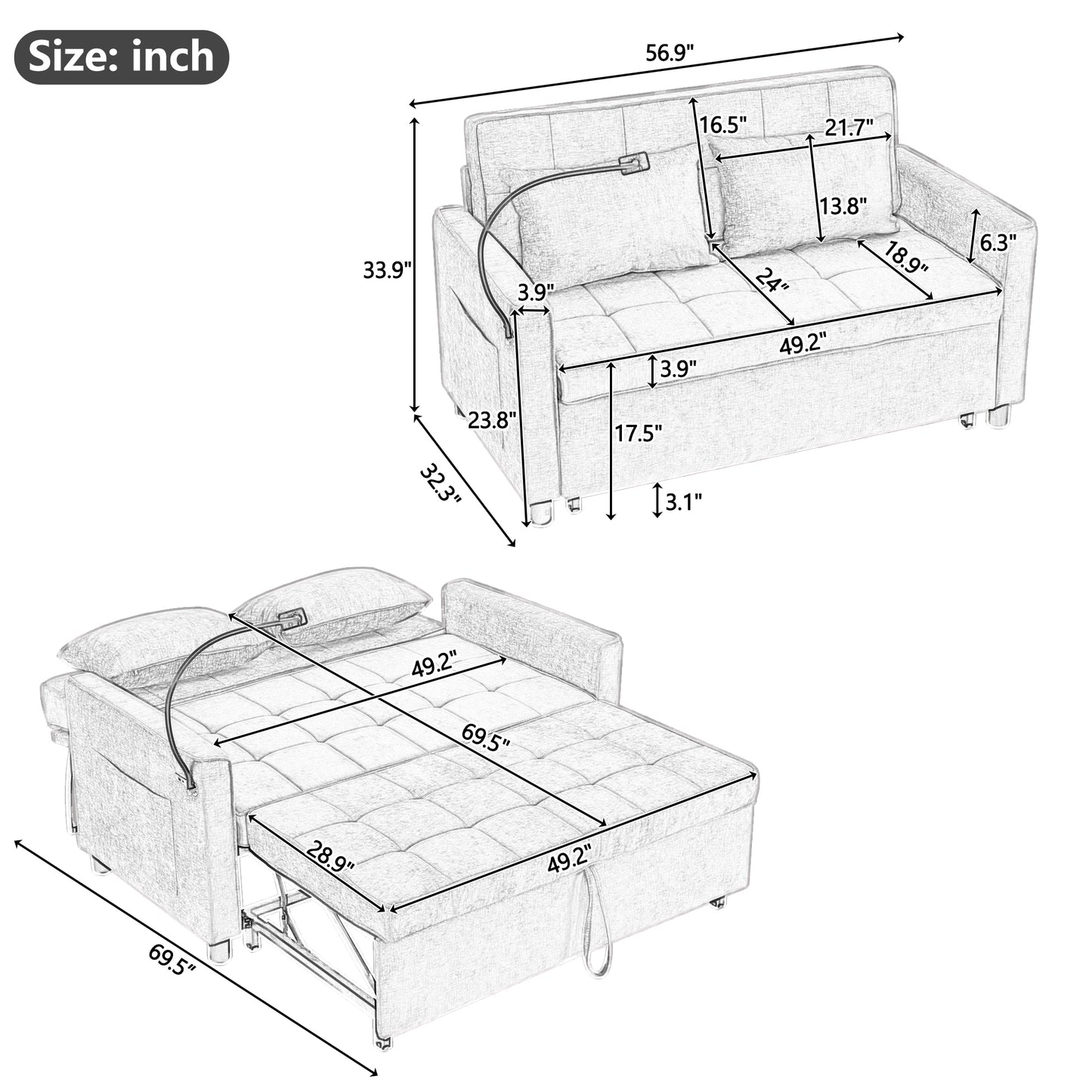 56.9" Loveseat Sofa Pull-out Sofa Bed Sleeper Sofa with a Reversible Backrest Cushion, Side Pockets, Two USB Ports and a Phone Holder for Living Room, Beige