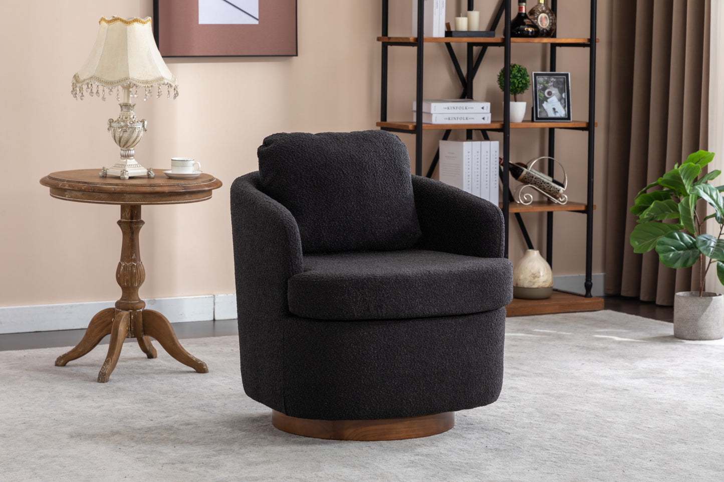 035-Boucle Fabric Swivel Accent Chair With Soild Wood Round Brown Base Leg,Black