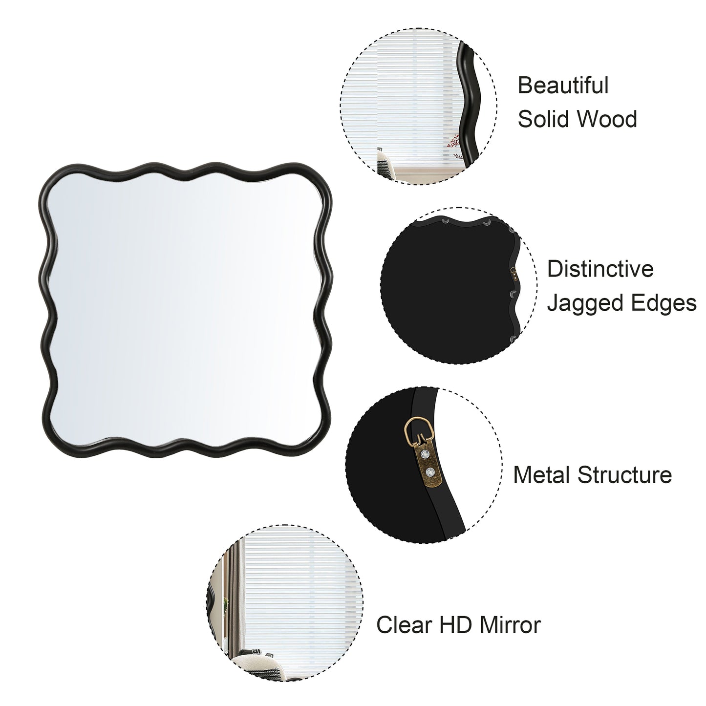 Solid Wood Wavy Square Mirror-Black 36" x 36" Modern Mirror Wall Decor for Bathroom, Bedroom, Living Room, Dining Room, Cloakroom, Entryway