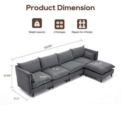 Modular Sectional Sofa,  L Shaped Couch Set for Living Room, 4-Seater Comfy Cloud Couches with Movable Ottoman Dark Grey