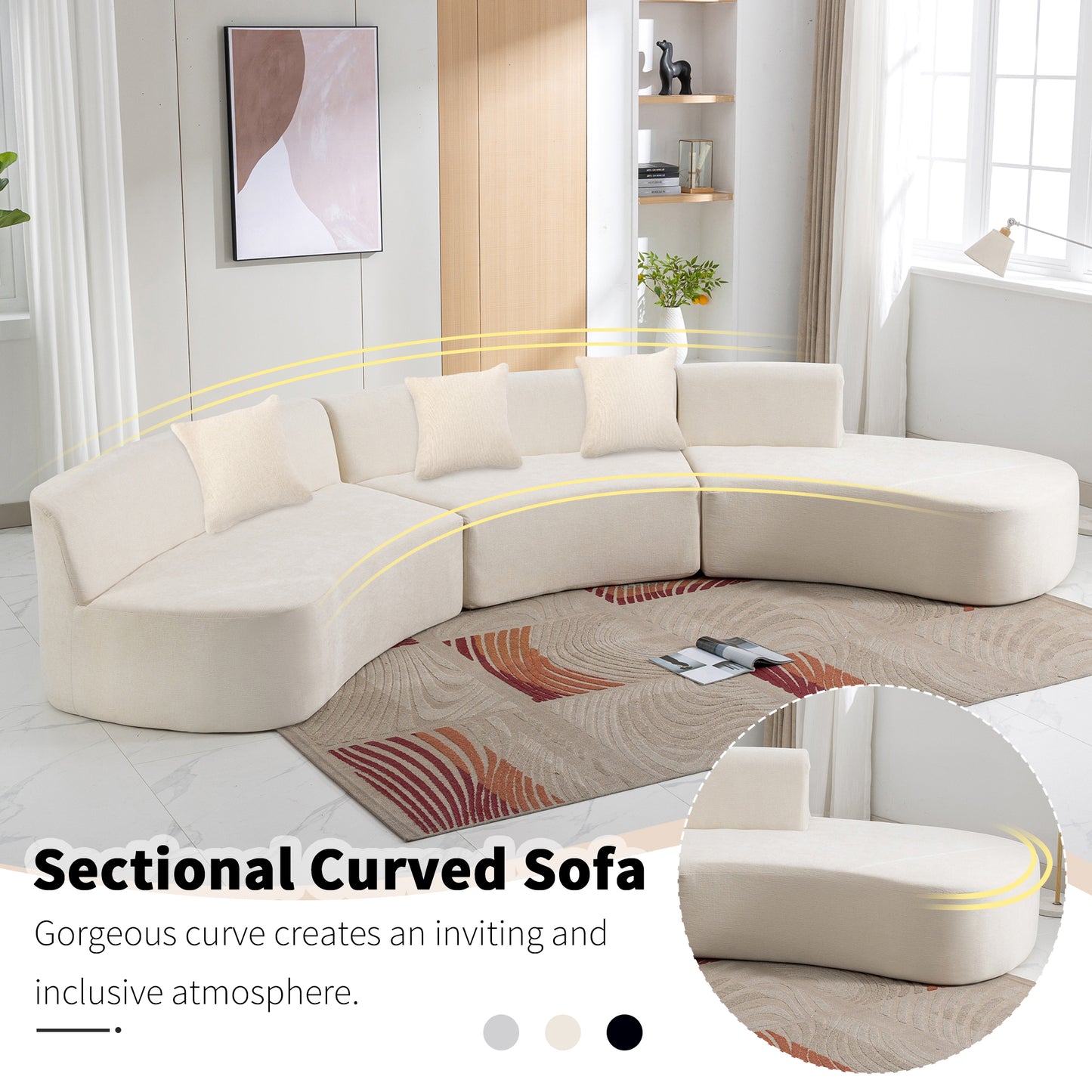 136.6" Stylish Curved sofa Sectional Sofa Chenille Fabric Sofa Couch with Three Throw Pillows for Living Room, Beige